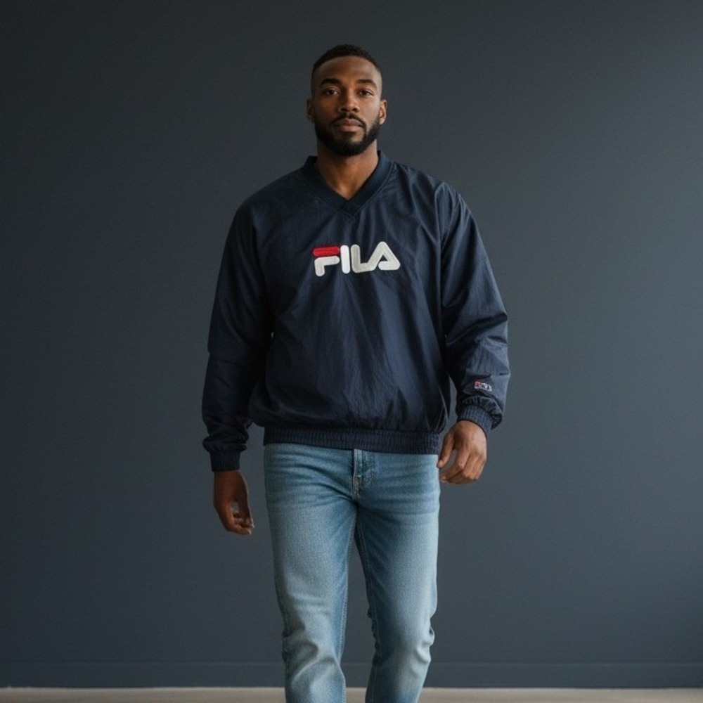 Fila Mens‎ Vintage V-Neck Windbreaker Pullover Navy Blue Large NWT Logo RN 91175